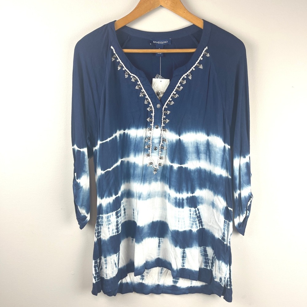 2/$30 NWT Bandolino Blue White Tie Dye Beaded Tunic Medium